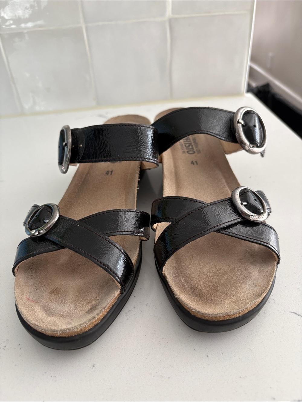 Mephisto Black Leather Buckle Slide Sandals-11